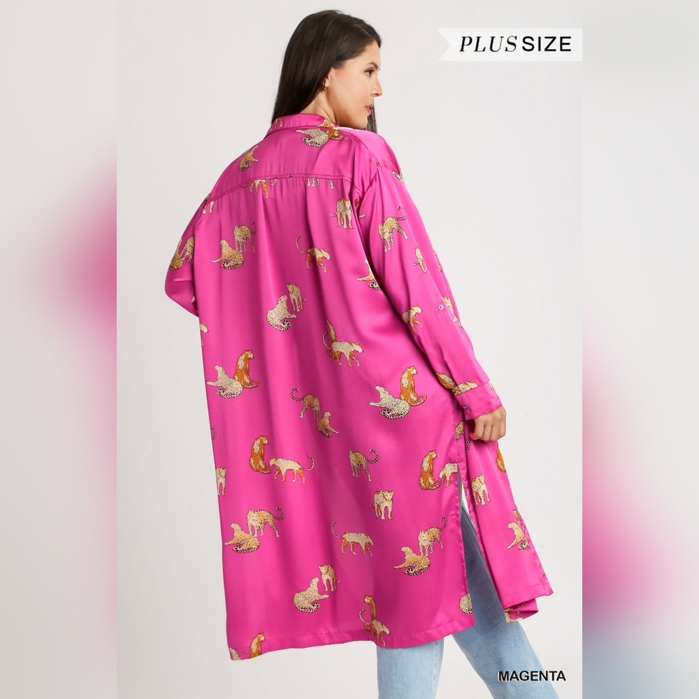 NWT Umgee Hot Pink Satin Leopard-Print Button-Front Duster - Picture 3 of 6